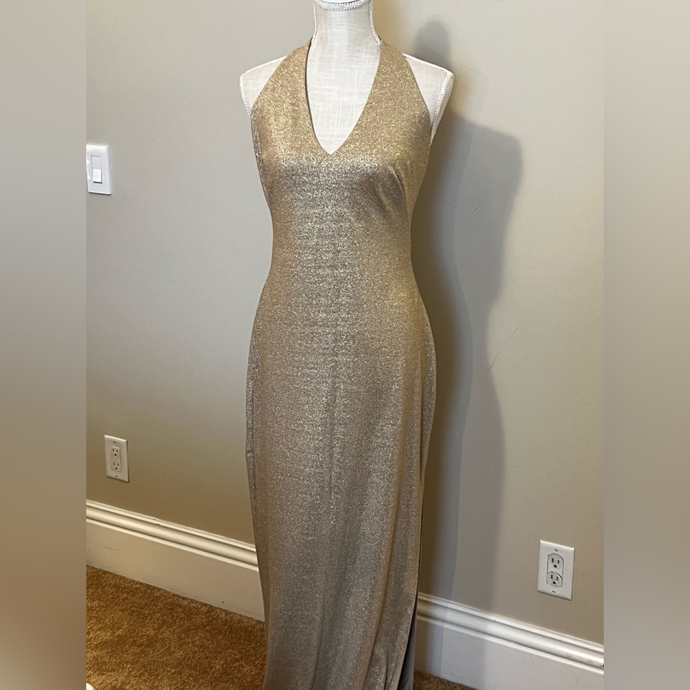 Ralph Lauren gold formal evening gown with side slit